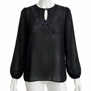 Vintage Campus Casuals Sheer Black Blouse Floral Embroidery Lace Sleeves Size